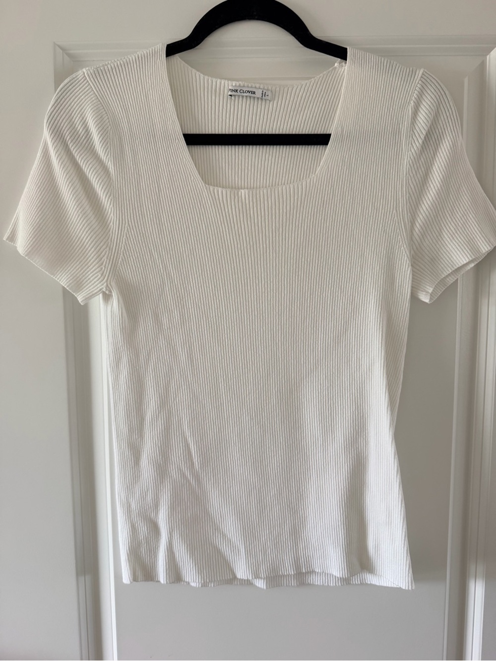 PINK CLOVER White Ribbed Square Neck Short Sleeve Top